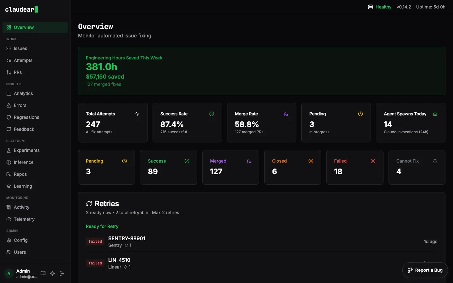Claudear dashboard overview showing total attempts, success rate, and recent activity
